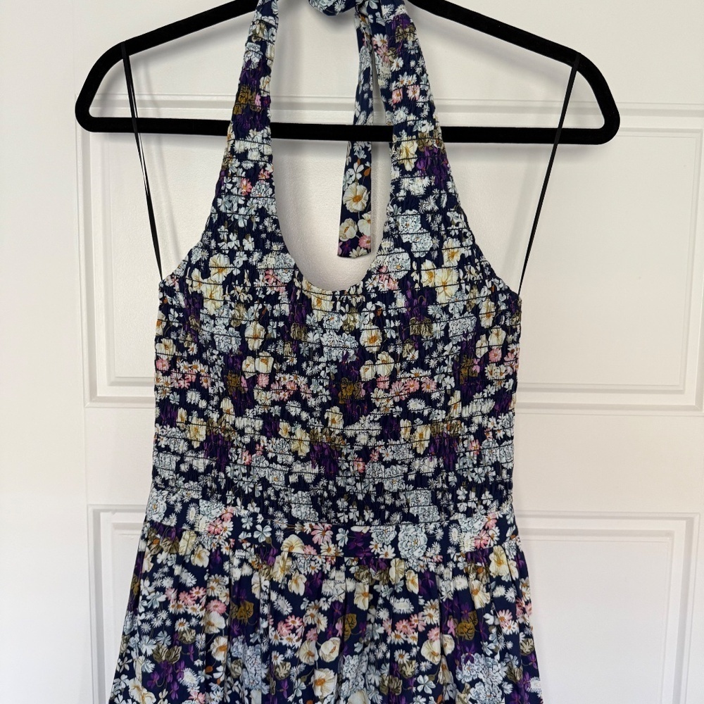 LES RÊVERIES Midi Dress Halter-Neck Floral Print Shirred Bodice 100% Cotton Sz 2 - Picture 8 of 14